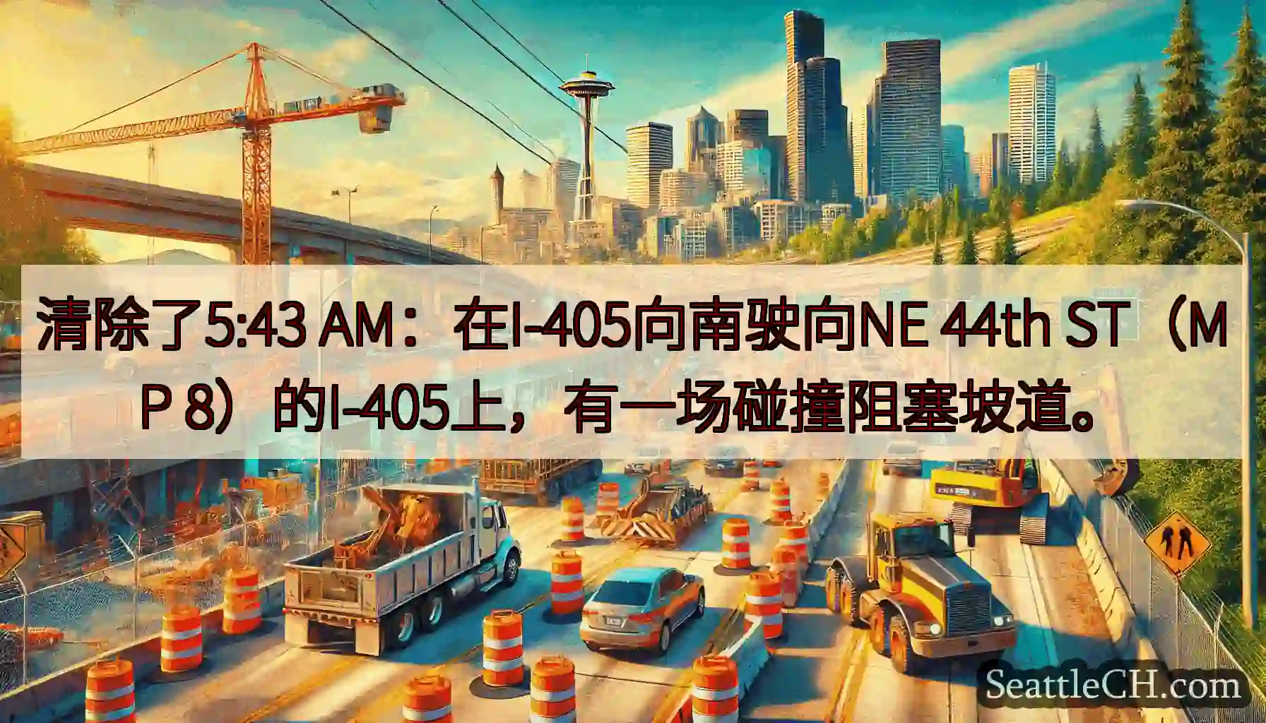 清除了5:43 AM：在I-405向南驶向NE 44th ST（MP