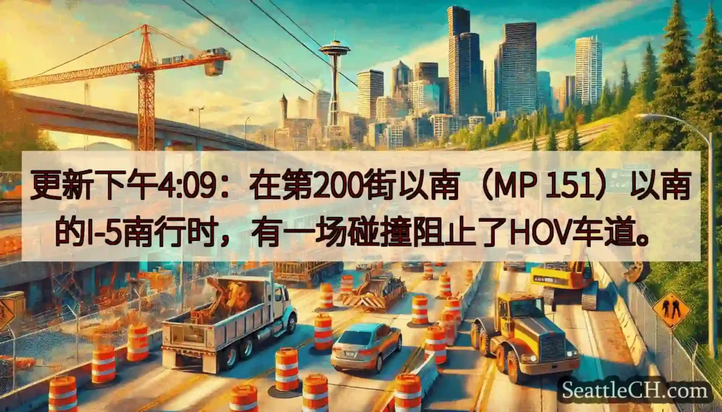 更新下午4:09：在第200街以南（MP 151）以南的I-5南行时，有一场碰撞阻止了HOV车道。