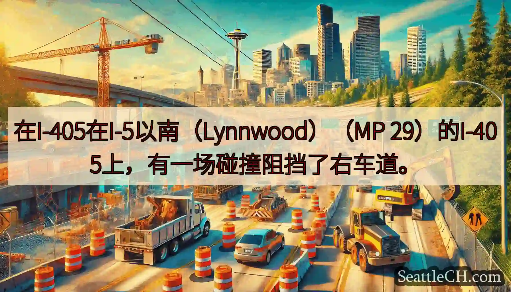 在I-405在I-5以南（Lynnwood）（MP 29）的I-405上，有一场碰撞阻挡了右车道。