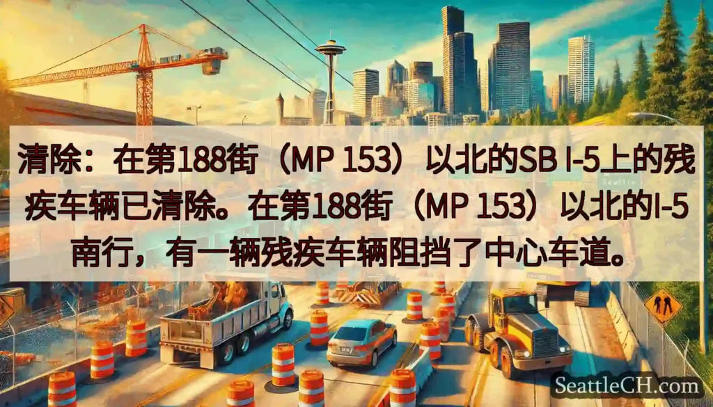 清除：在第188街（MP 153）以北的SB I-5上的残疾车辆已清除。在第188街（MP
