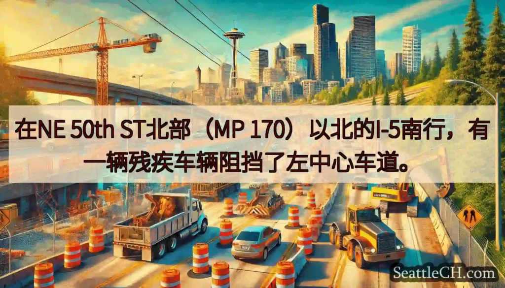 在NE 50th ST北部（MP 170）以北的I-5南行，有一辆残疾车辆阻挡了左中心车道。