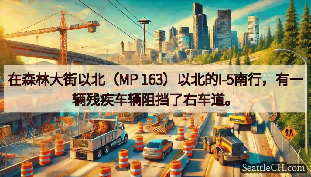在森林大街以北（MP 163）以北的I-5南行，有一辆残疾车辆阻挡了右车道。