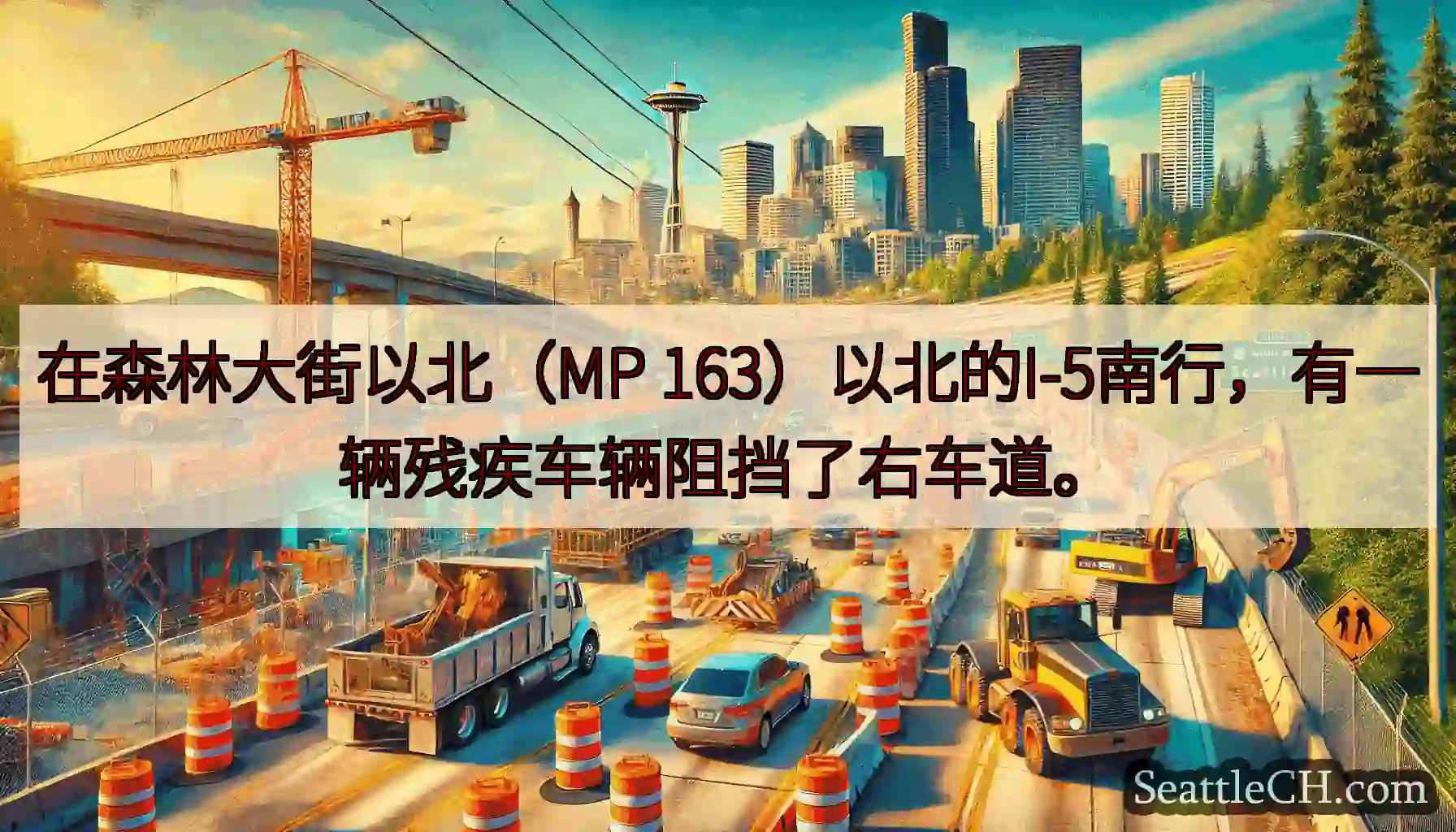 在森林大街以北（MP 163）以北的I-5南行，有一辆残疾车辆阻挡了右车道。