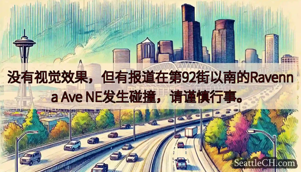 没有视觉效果，但有报道在第92街以南的Ravenna Ave NE发生碰撞，请谨慎行事。