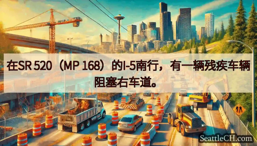 在SR 520（MP 168）的I-5南行，有一辆残疾车辆阻塞右车道。
