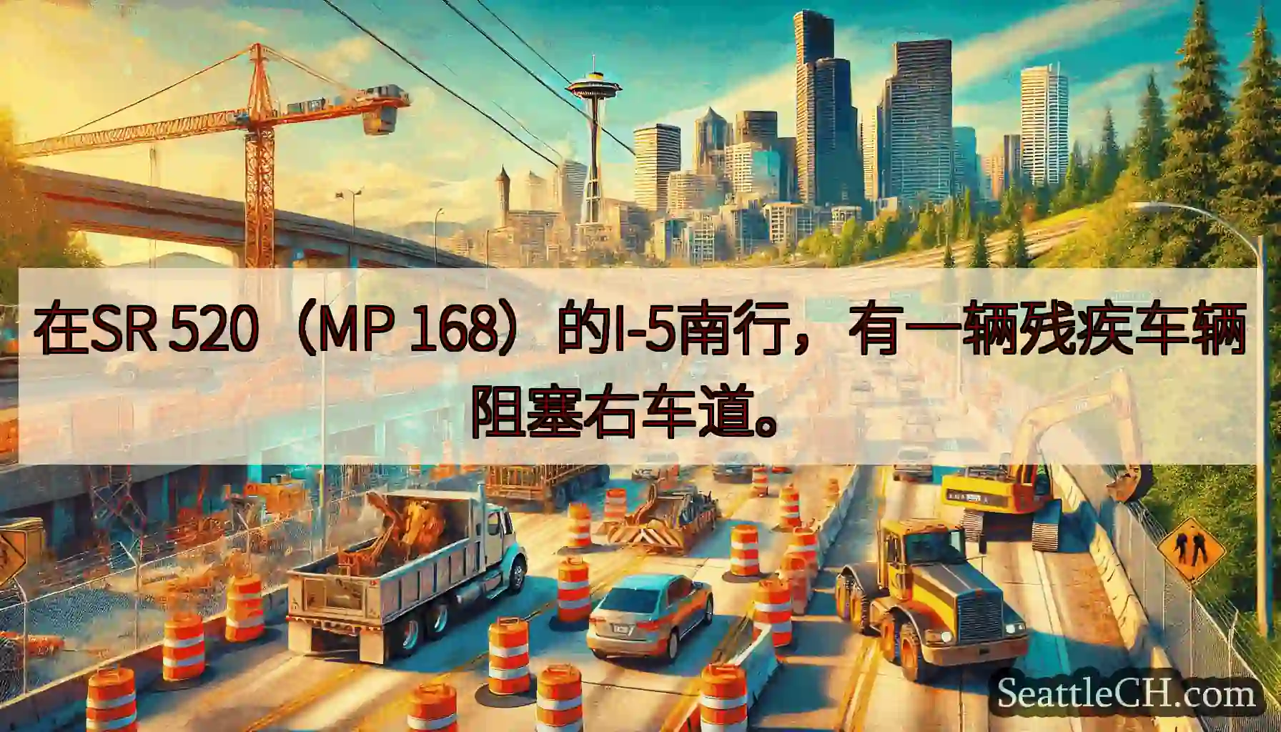 在SR 520（MP 168）的I-5南行，有一辆残疾车辆阻塞右车道。