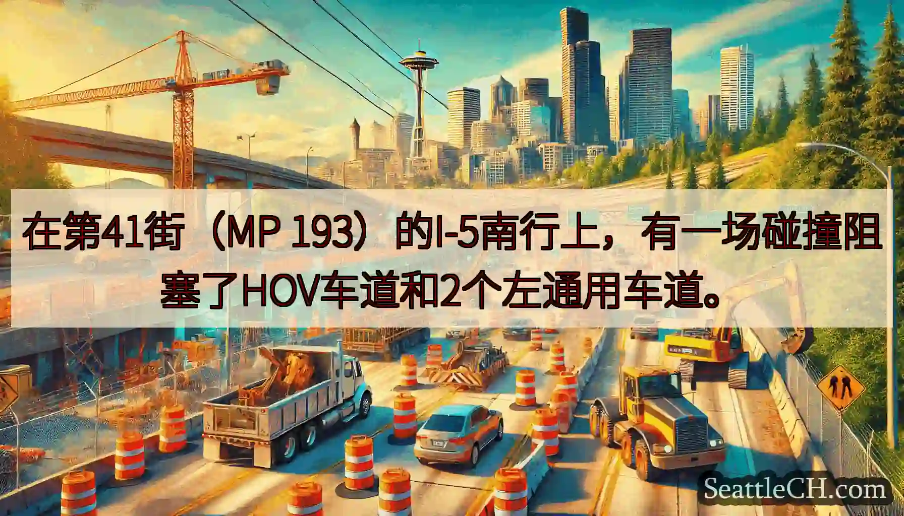 在第41街（MP 193）的I-5南行上，有一场碰撞阻塞了HOV车道和2个左通用车道。