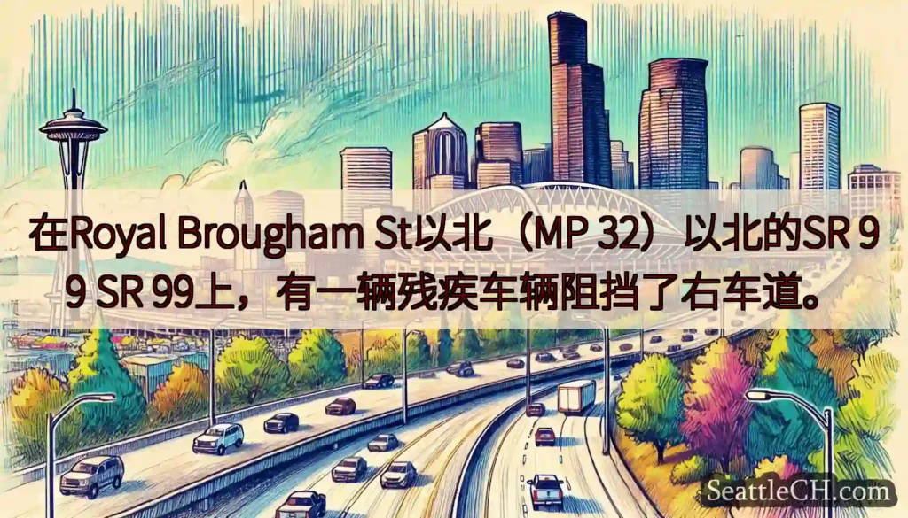 在Royal Brougham St以北（MP 32）以北的SR 99 SR