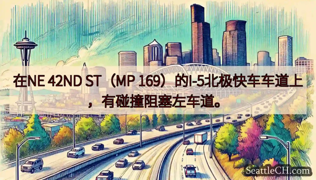 在NE 42ND ST（MP 169）的I-5北极快车车道上，有碰撞阻塞左车道。
