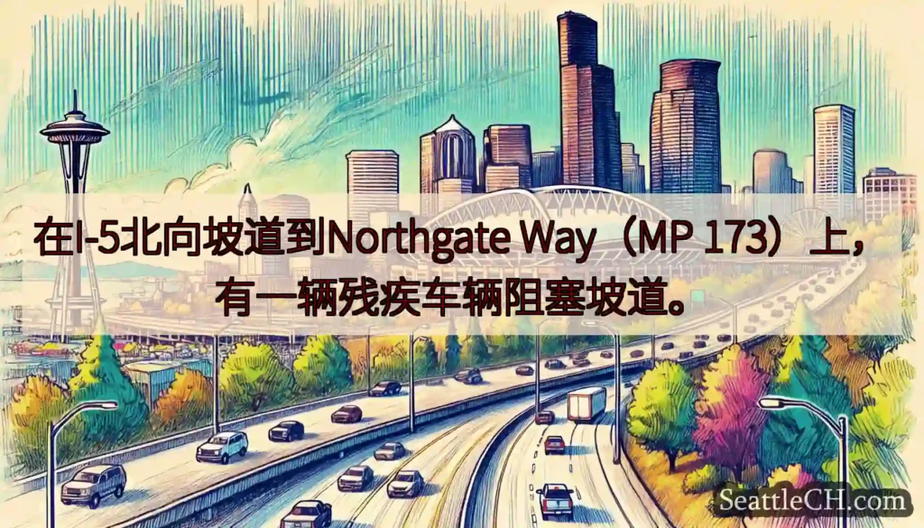 在I-5北向坡道到Northgate Way（MP 173）上，有一辆残疾车辆阻塞坡道。