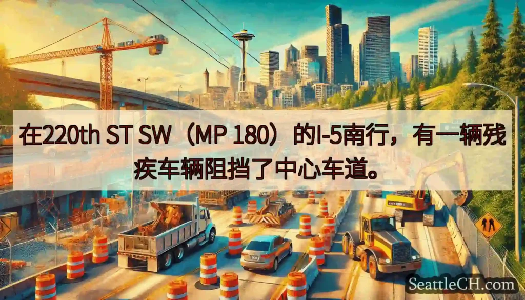 在220th ST SW（MP 180）的I-5南行，有一辆残疾车辆阻挡了中心车道。