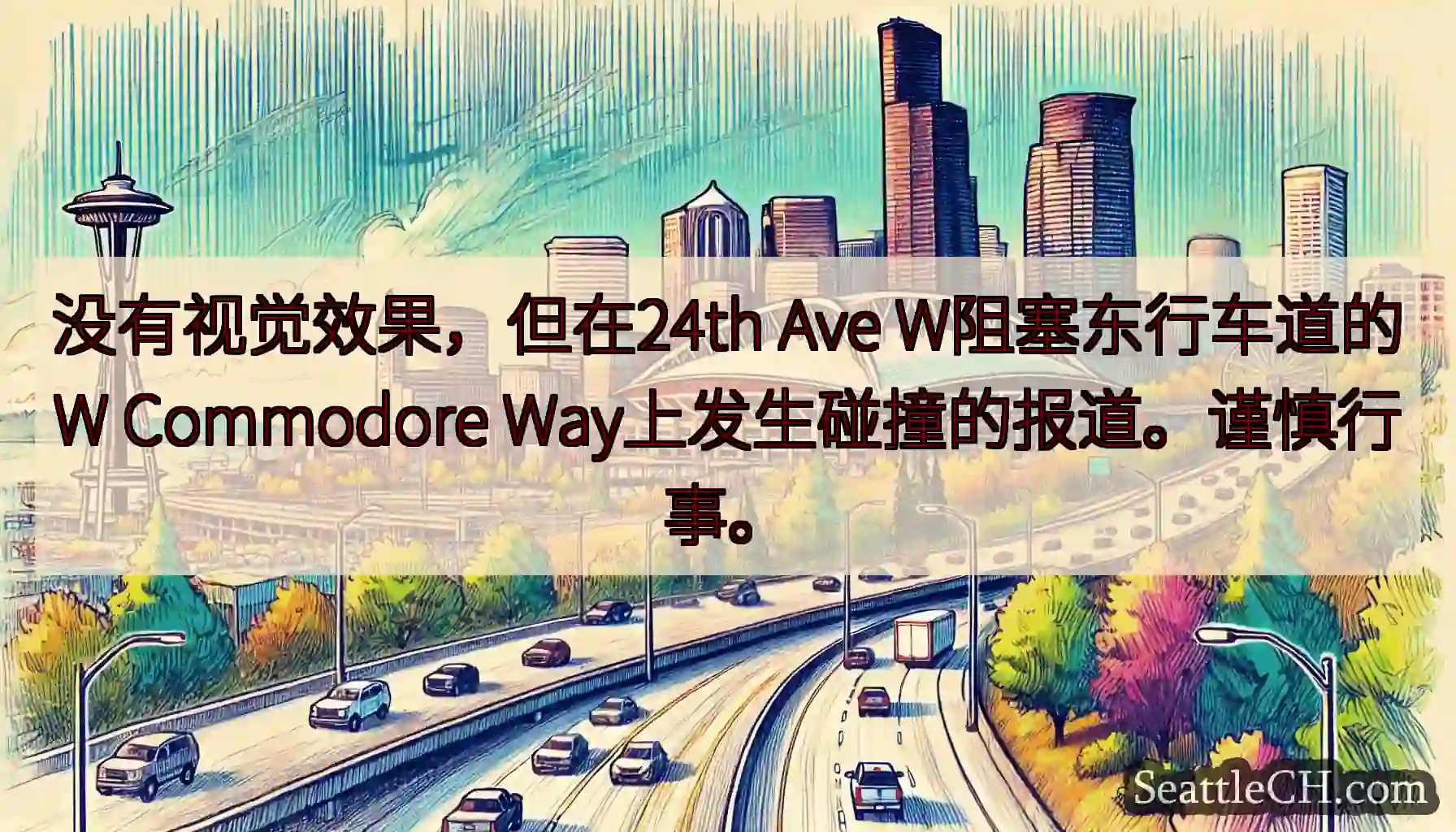 没有视觉效果，但在24th Ave W阻塞东行车道的W Commodore