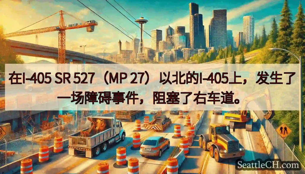 在I-405 SR 527（MP 27）以北的I-405上，发生了一场障碍事件，阻塞了右车道。