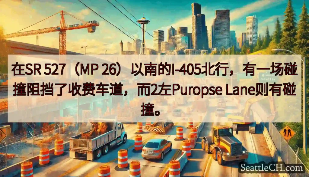 在SR 527（MP 26）以南的I-405北行，有一场碰撞阻挡了收费车道，而2左Puropse