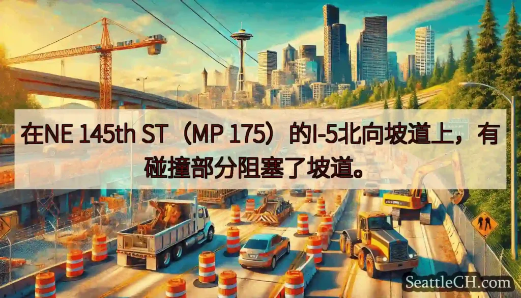 在NE 145th ST（MP 175）的I-5北向坡道上，有碰撞部分阻塞了坡道。
