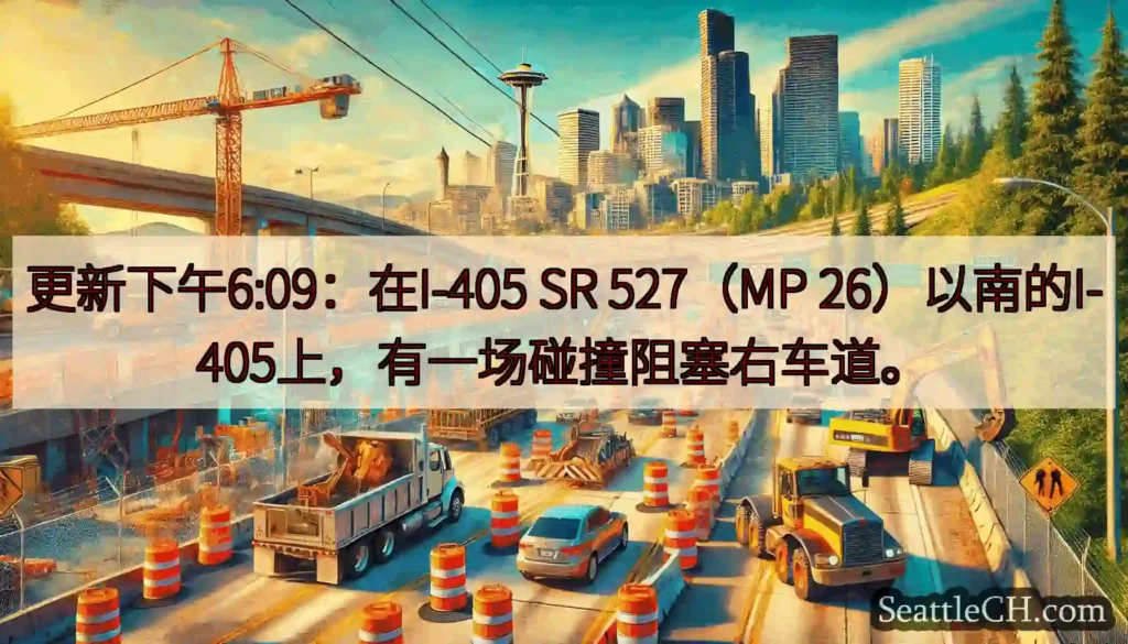 更新下午6:09：在I-405 SR 527（MP 26）以南的I-405上，有一场碰撞阻塞右车道。