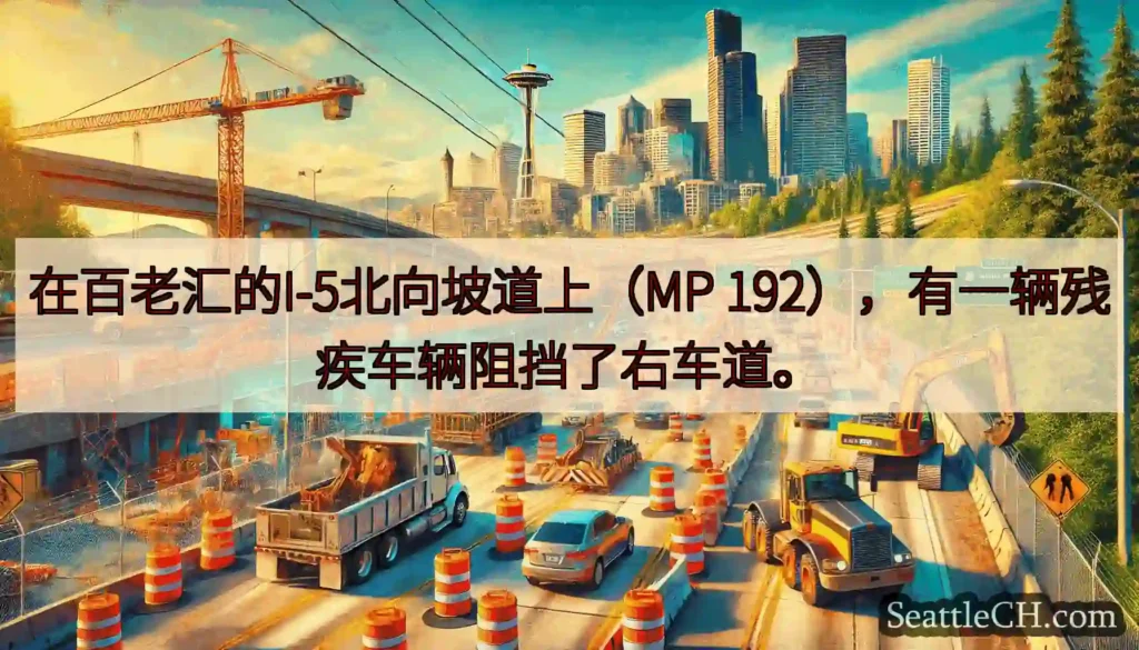 在百老汇的I-5北向坡道上（MP 192），有一辆残疾车辆阻挡了右车道。