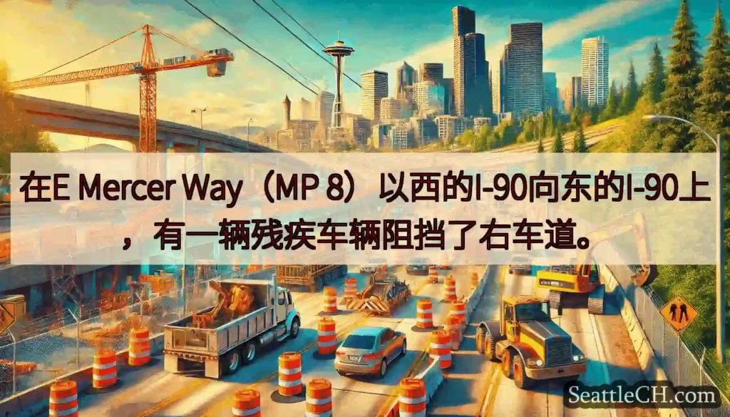 在E Mercer Way（MP 8）以西的I-90向东的I-90上，有一辆残疾车辆阻挡了右车道。