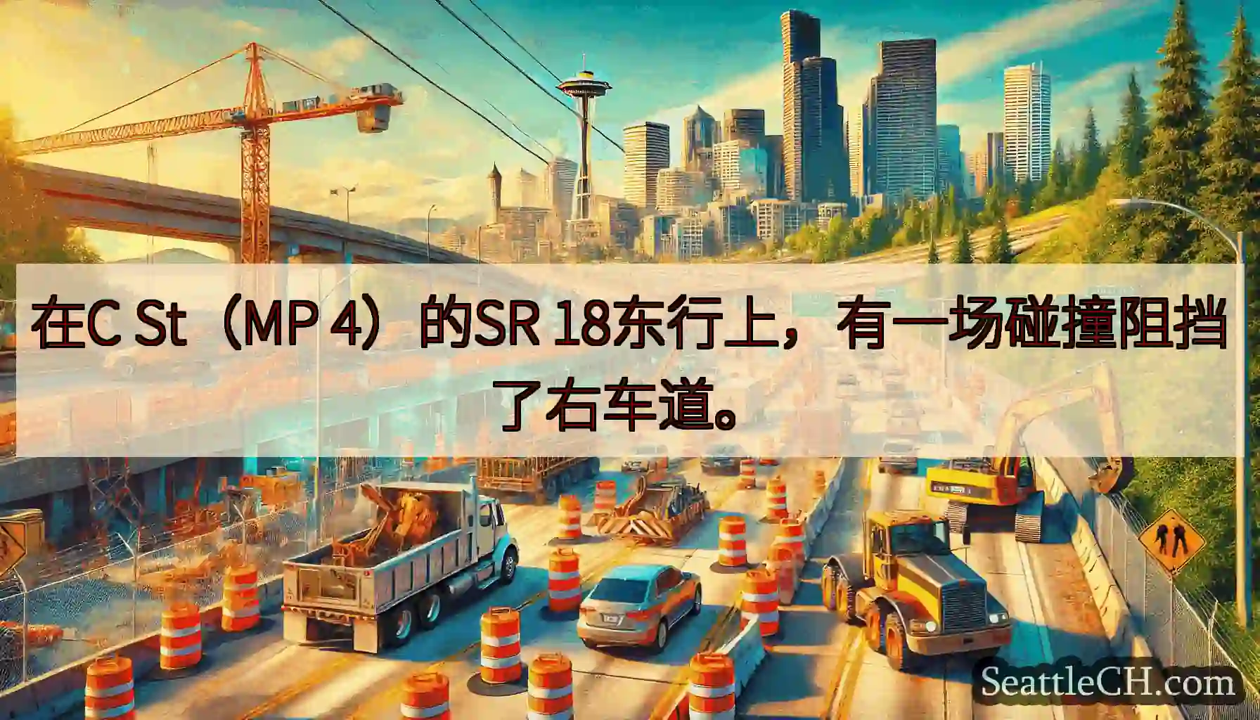 在C St（MP 4）的SR 18东行上，有一场碰撞阻挡了右车道。