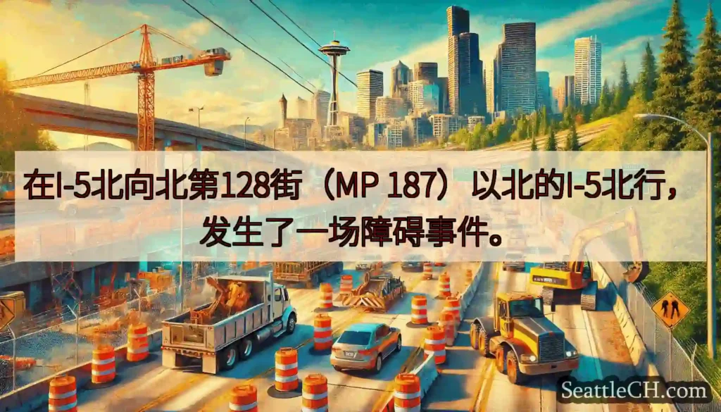 在I-5北向北第128街（MP 187）以北的I-5北行，发生了一场障碍事件。
