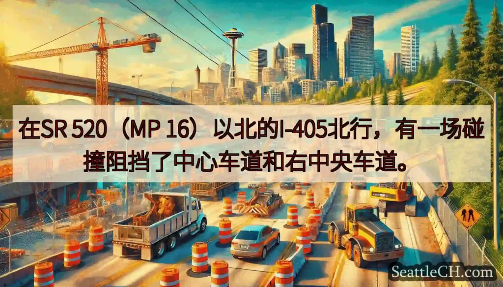 在SR 520（MP 16）以北的I-405北行，有一场碰撞阻挡了中心车道和右中央车道。