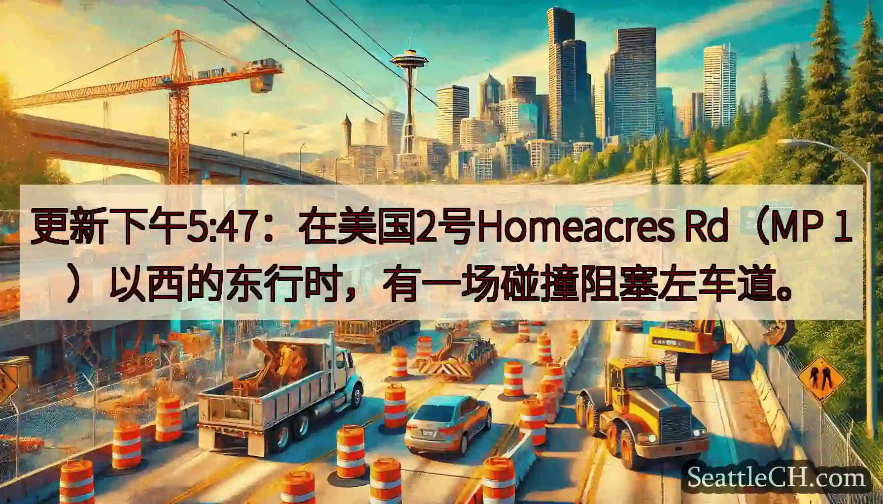 更新下午5:47：在美国2号Homeacres Rd（MP 1）以西的东行时，有一场碰撞阻塞左车道。