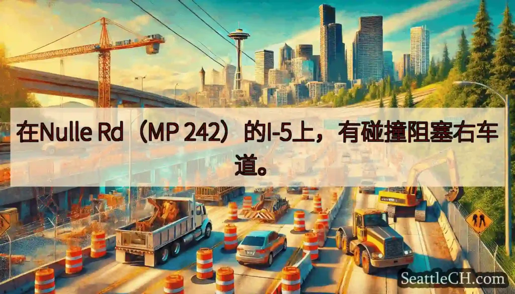 在Nulle Rd（MP 242）的I-5上，有碰撞阻塞右车道。