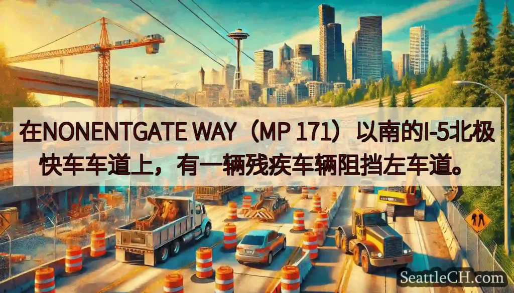 在NONENTGATE WAY（MP 171）以南的I-5北极快车车道上，有一辆残疾车辆阻挡左车道。