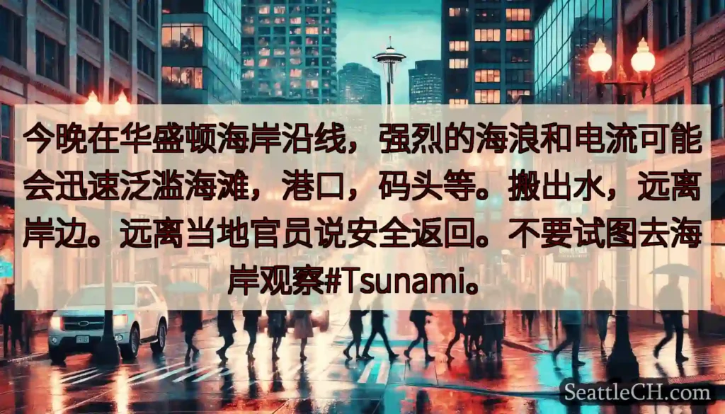 今晚在华盛顿海岸沿线，强烈的海浪和电流可能会迅速泛滥海滩，港口，码头等。搬出水，远离岸边。远离当地官