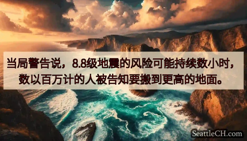 当局警告说，8.8级地震的风险可能持续数小时，数以百万计的人被告知要搬到更高的地面。