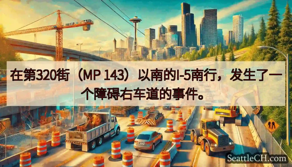在第320街（MP 143）以南的I-5南行，发生了一个障碍右车道的事件。
