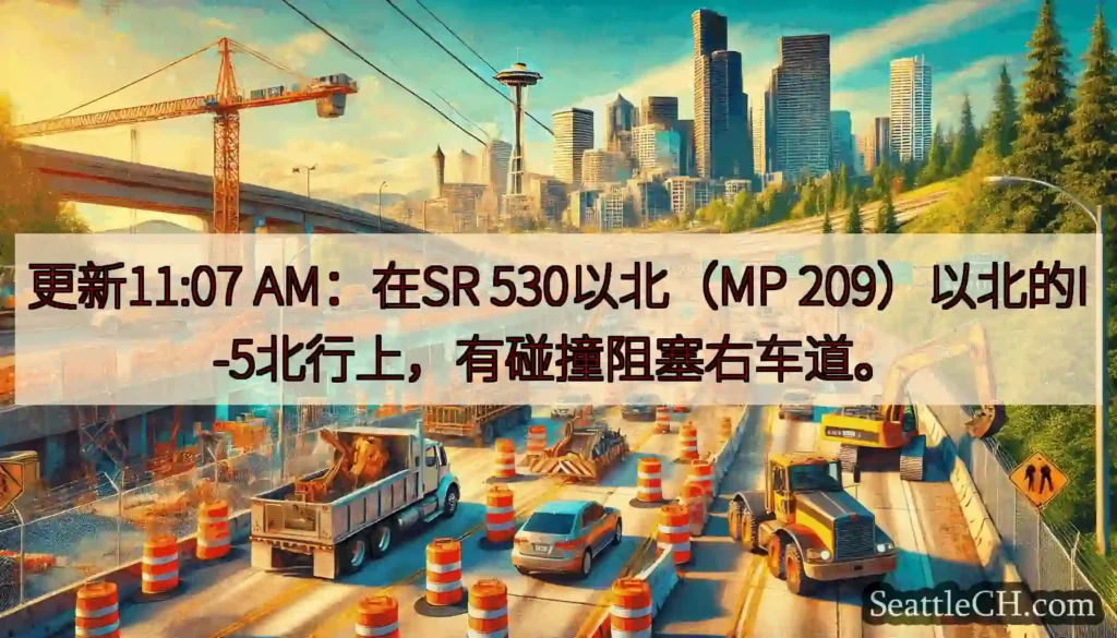 更新11:07 AM：在SR 530以北（MP 209）以北的I-5北行上，有碰撞阻塞右车道。