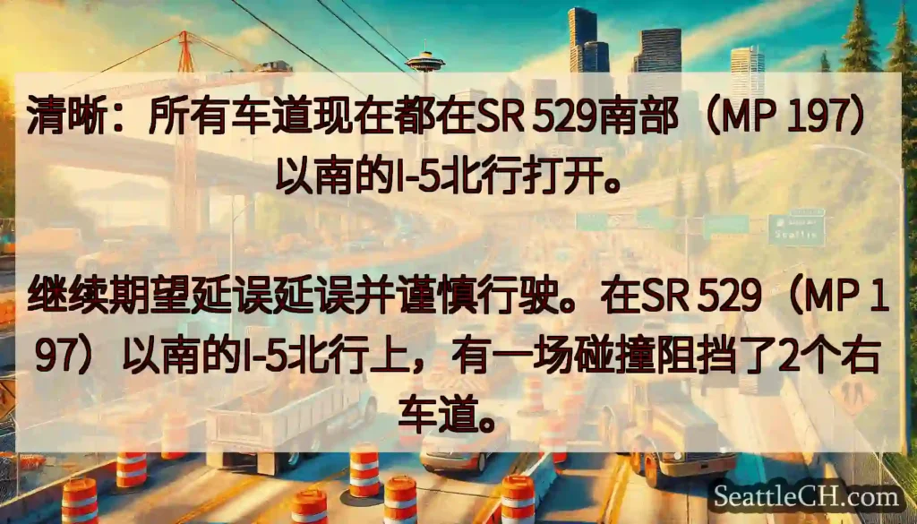 清晰：所有车道现在都在SR 529南部（MP 197）以南的I-5北行打开。