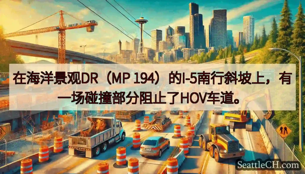在海洋景观DR（MP 194）的I-5南行斜坡上，有一场碰撞部分阻止了HOV车道。