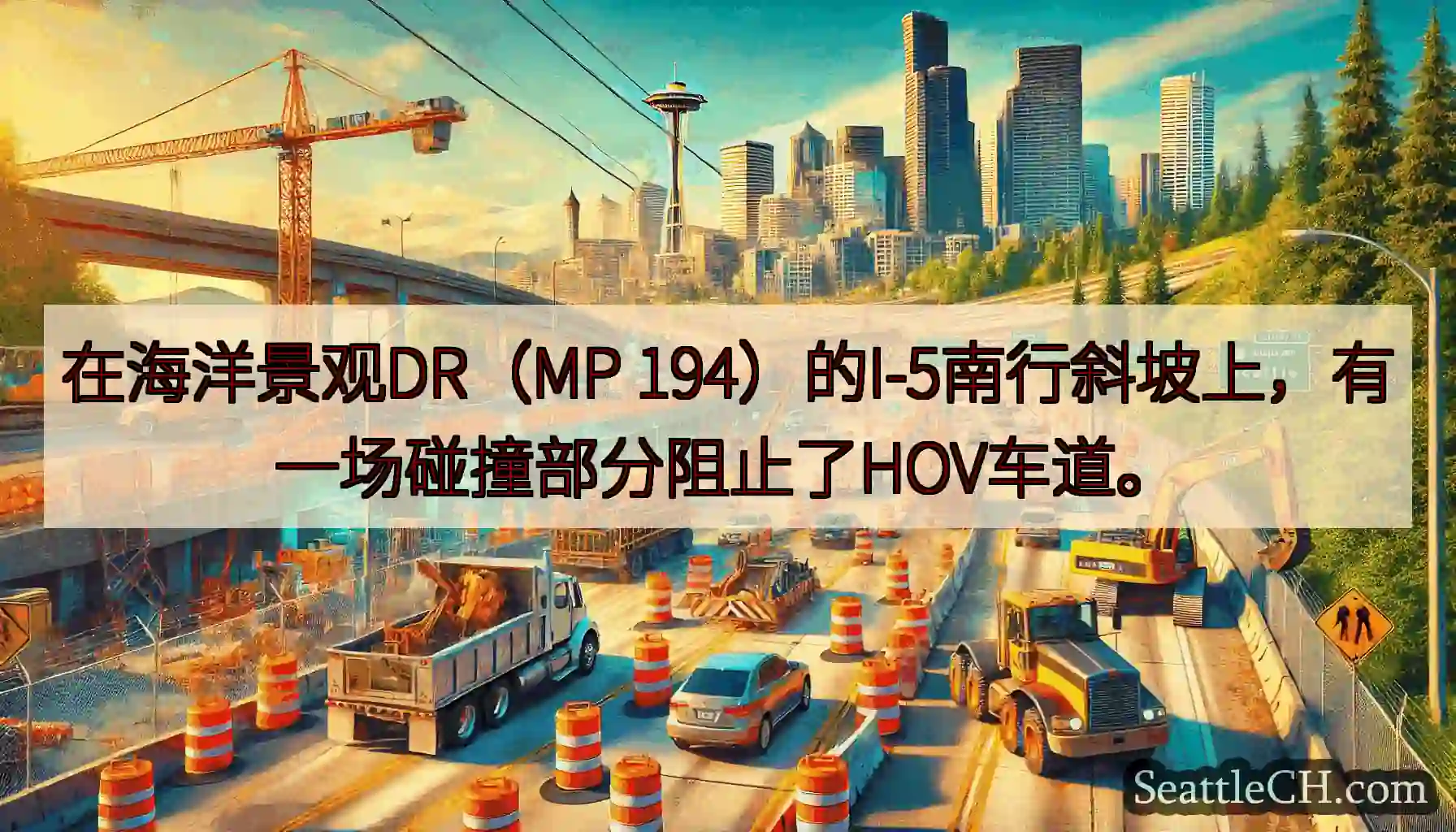 在海洋景观DR（MP 194）的I-5南行斜坡上，有一场碰撞部分阻止了HOV车道。