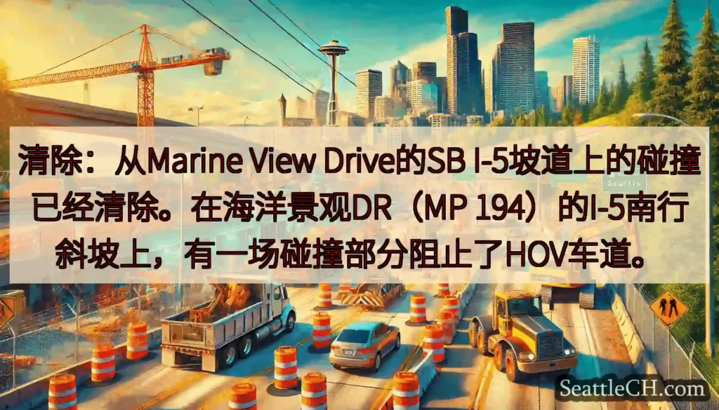 清除：从Marine View Drive的SB I-5坡道上的碰撞已经清除。在海洋景观DR（MP