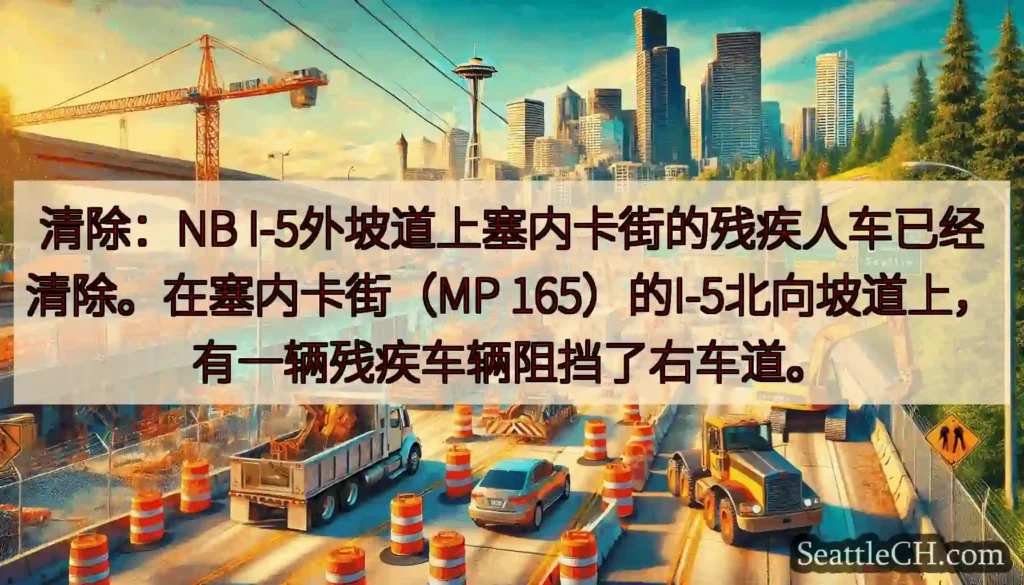 清除：NB I-5外坡道上塞内卡街的残疾人车已经清除。在塞内卡街（MP