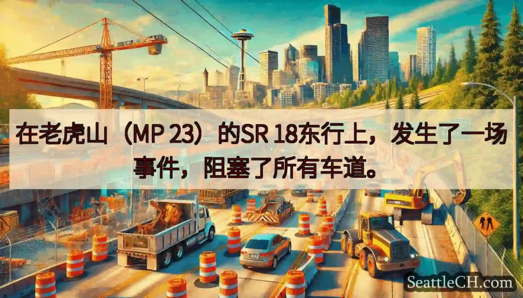 在老虎山（MP 23）的SR 18东行上，发生了一场事件，阻塞了所有车道。