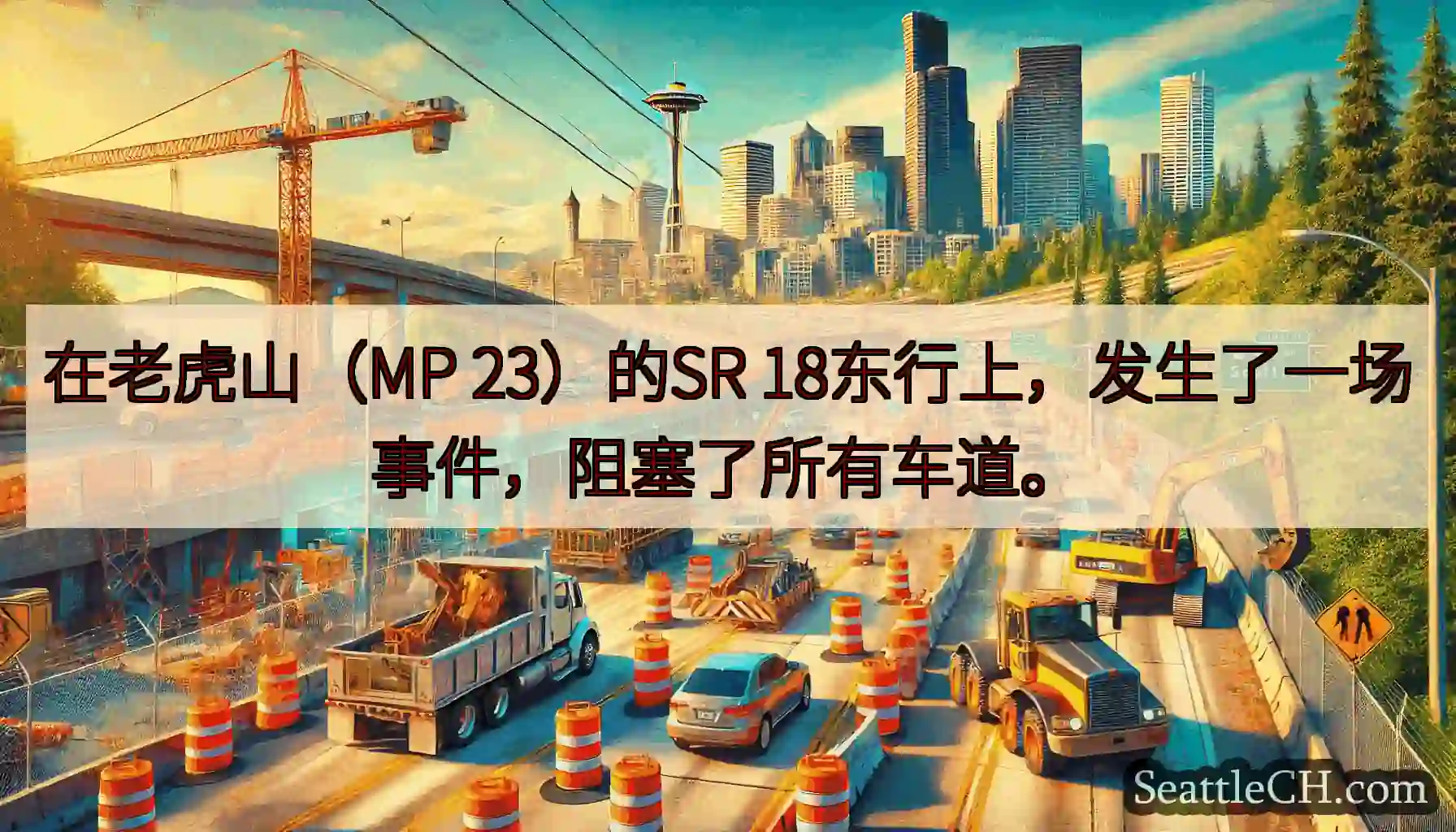 在老虎山（MP 23）的SR 18东行上，发生了一场事件，阻塞了所有车道。