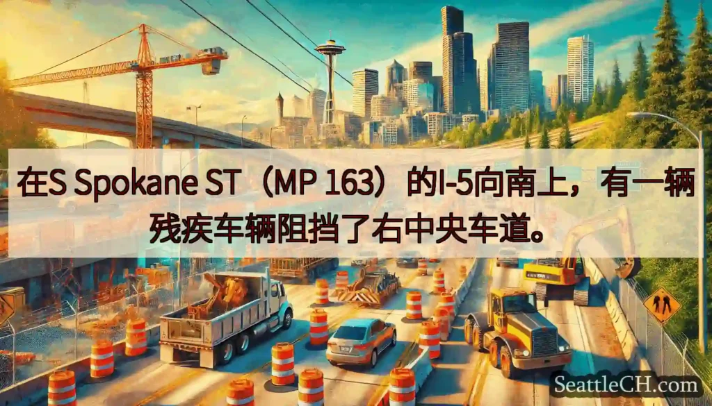 在S Spokane ST（MP 163）的I-5向南上，有一辆残疾车辆阻挡了右中央车道。