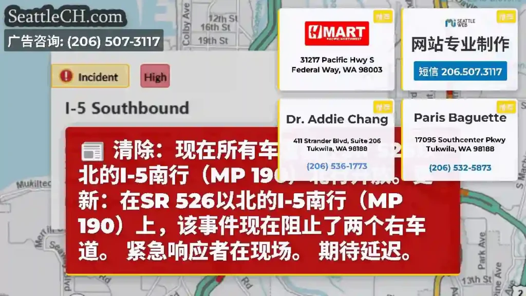 清除：现在所有车道都在SR 526以北的I-5南行（MP 190）北行开放。更新：在SR