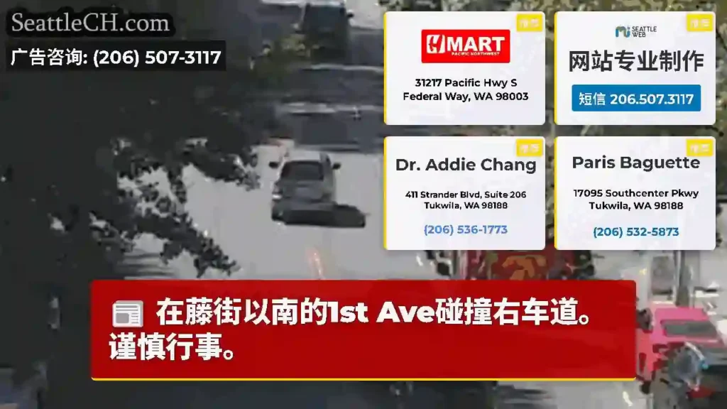 在藤街以南的1st Ave碰撞右车道。谨慎行事。