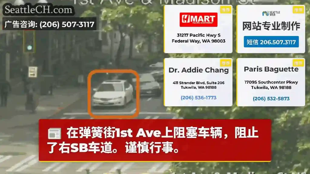 在弹簧街1st Ave上阻塞车辆，阻止了右SB车道。谨慎行事。