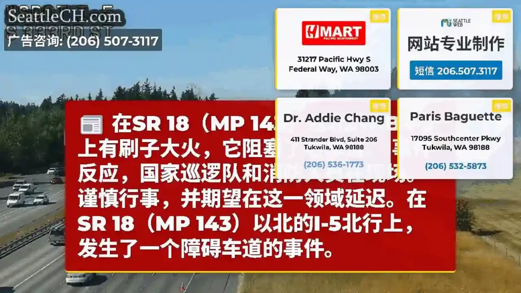 在SR 18（MP 143）以北的NB I-5上有刷子大火，它阻塞了右车道。