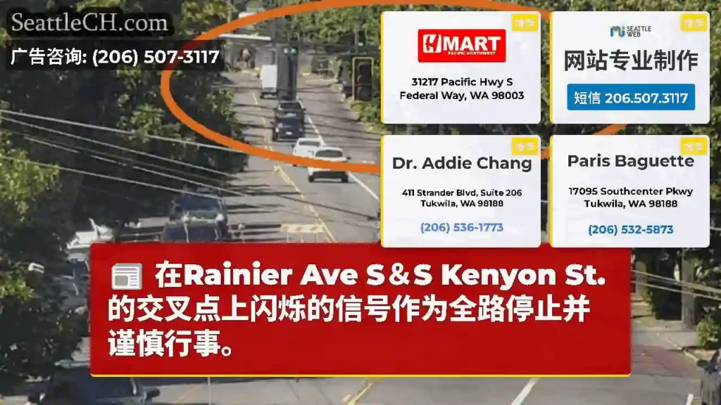 在Rainier Ave S＆S Kenyon St.的交叉点上闪烁的信号作为全路停止并谨慎行事。