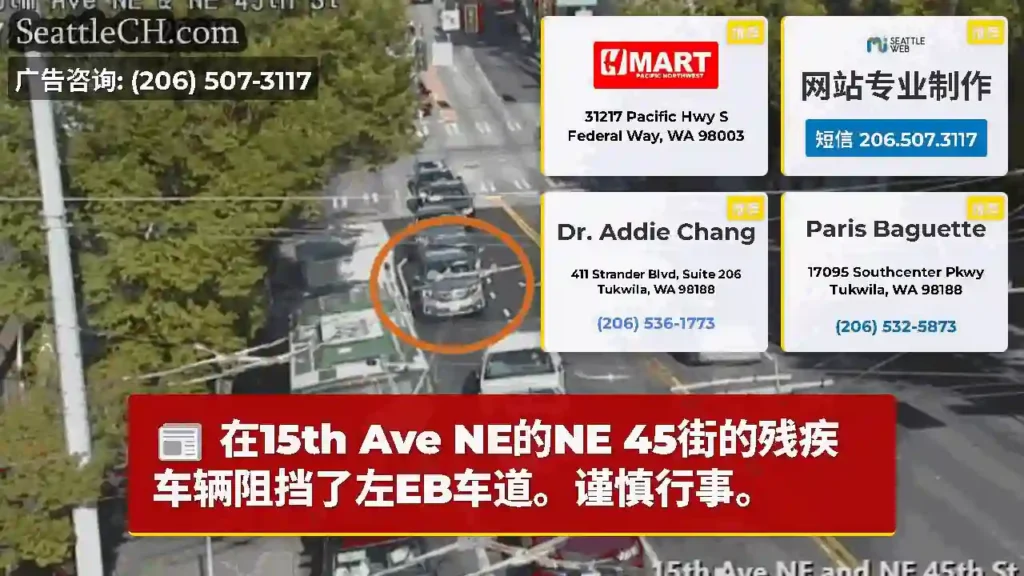 在15th Ave NE的NE 45街的残疾车辆阻挡了左EB车道。谨慎行事。