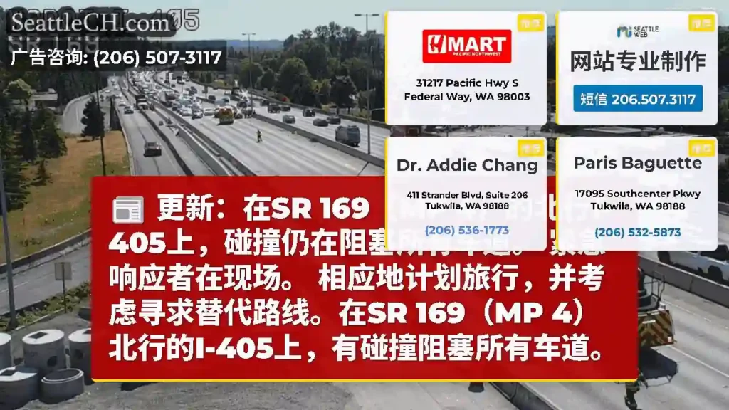 更新：在SR 169（MP 4）的北行I-405上，碰撞仍在阻塞所有车道。