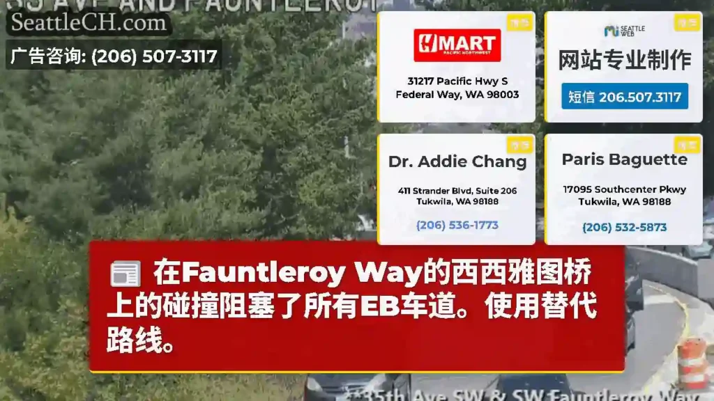 在Fauntleroy Way的西西雅图桥上的碰撞阻塞了所有EB车道。使用替代路线。