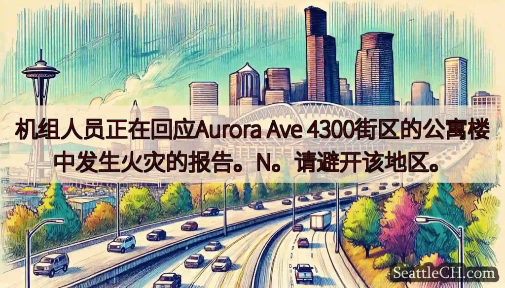 机组人员正在回应Aurora Ave 4300街区的公寓楼中发生火灾的报告。N。请避开该地区。