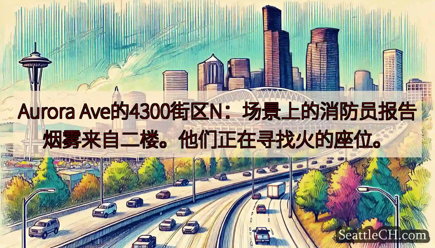 Aurora Ave的4300街区N：场景上的消防员报告烟雾来自二楼。他们正在寻找火的座位。